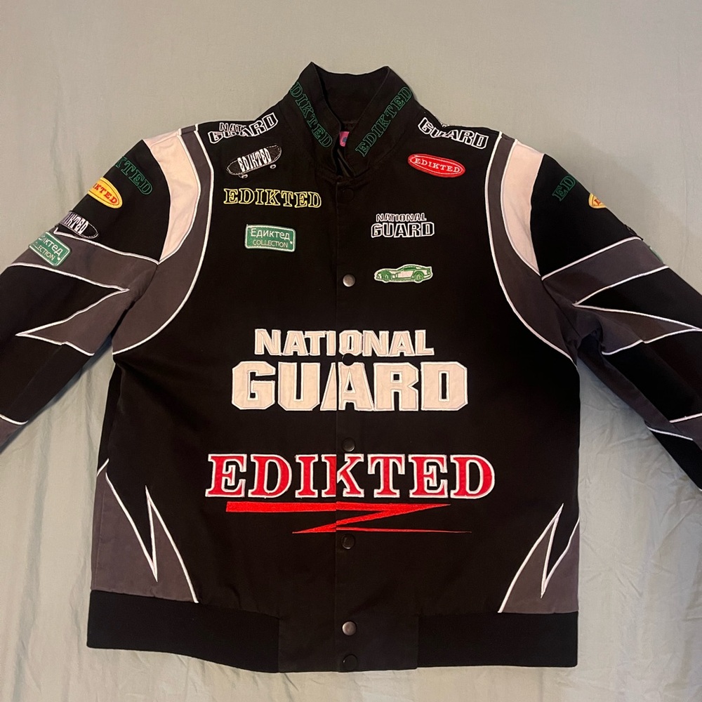Edikted Black Racing Jacket with Colorful Patches